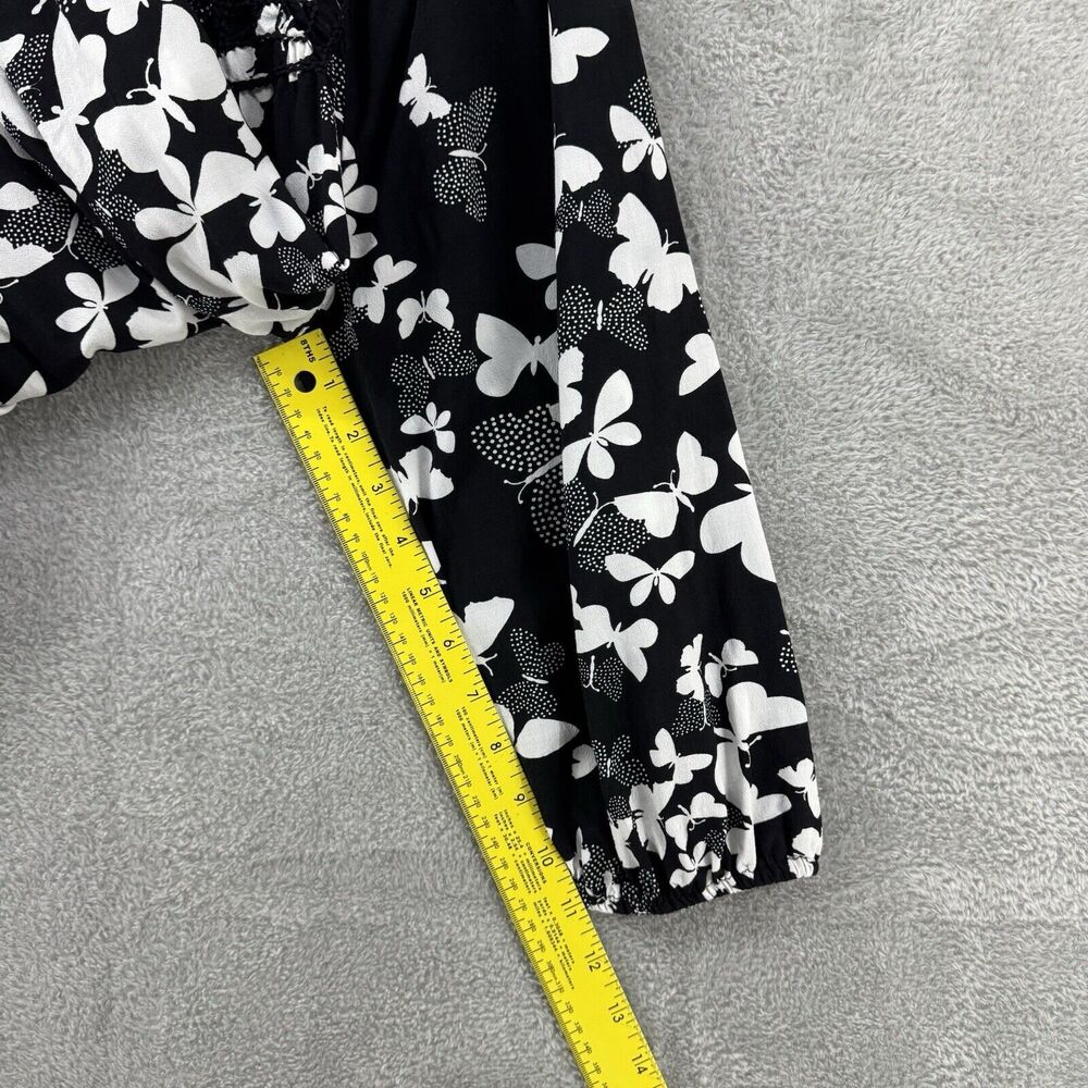 Talbots Top Womens L Black Butterfly Smocked Scoop Neck 3/4 Sleeves Elastic Cuff - Picture 13 of 15